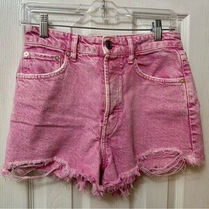 ZARA Pink Acid Washed Distressed High Rise Jean Shorts, 4